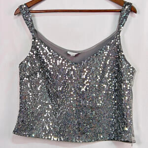 Tahari Arthur S Levine Petite Sequin Crop Top Gray Silver Party Size 12P